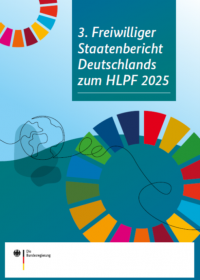 Cover Bild des 3. VNR Berichts von Deutschland. Zu sehen ist ein Kreis symbolisch für die SDG´s, sowie eine Weltkugel und das Zeichen der deutschen Bundesregierung.