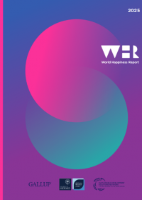 zu sehen ist der Cover des world happiness reports. Der Hintergrund ist blau/lila und darauf sind ein pinker und ein blauer Kreis zusehen die ineinander übergehen. Das WHR logo ist oben rechts und unten sind die Logos der beteiligten Institutionen zu sehen 