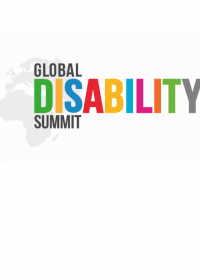 Logo of the global disability summit. World map in the background.