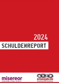 Dargestellt ist das rote Cover mit Titel Schuldenreport 2024 und den Logos von Misereor und Erlassjahr
