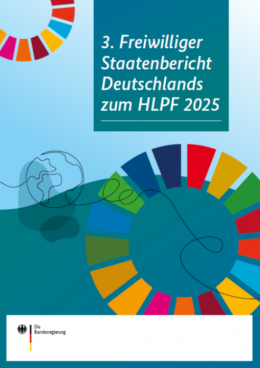 Cover Bild des 3. VNR Berichts von Deutschland. Zu sehen ist ein Kreis symbolisch für die SDG´s, sowie eine Weltkugel und das Zeichen der deutschen Bundesregierung.