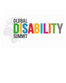 Logo of the global disability summit. World map in the background.