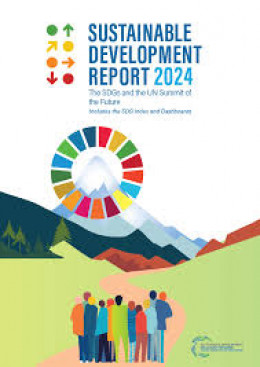 Titelblatt des Sustainable Development Report 2024 von SDSN: The SDGs and the UN Summit of the Future. Menschen stehen auf einem Weg durch eine Wiese. Im Hintergrung sind Berge zu sehen.