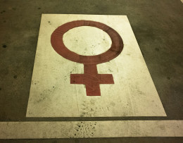 Das Bild stellt ein auf die Straße gezeichnetes Weiblichkeitszeichen in rot auf weißem Grund dar