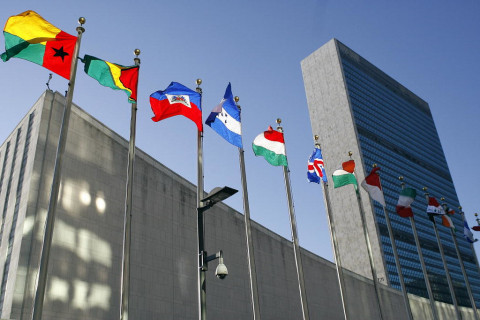 United Nations Headquarters, flags fly in the north end of the building