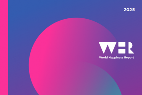 zu sehen ist der Cover des world happiness reports. Der Hintergrund ist blau/lila und darauf sind ein pinker und ein blauer Kreis zusehen die ineinander übergehen. Das WHR logo ist oben rechts und unten sind die Logos der beteiligten Institutionen zu sehen 