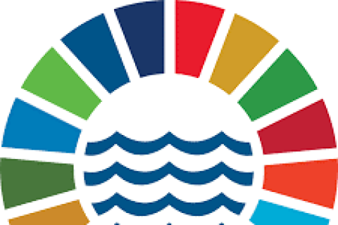 Kreis mit SDG Farben drumherum und mit Meer in der Mitte